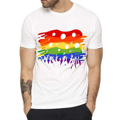 T-shirt blanc homme, lâcher de ballons blancs au-dessus de traits de peinture arc-en-ciel