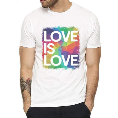 T-shirt blanc homme, « LOVE IS LOVE » en lettres blanches sur un carré arc-en-ciel éclaboussé